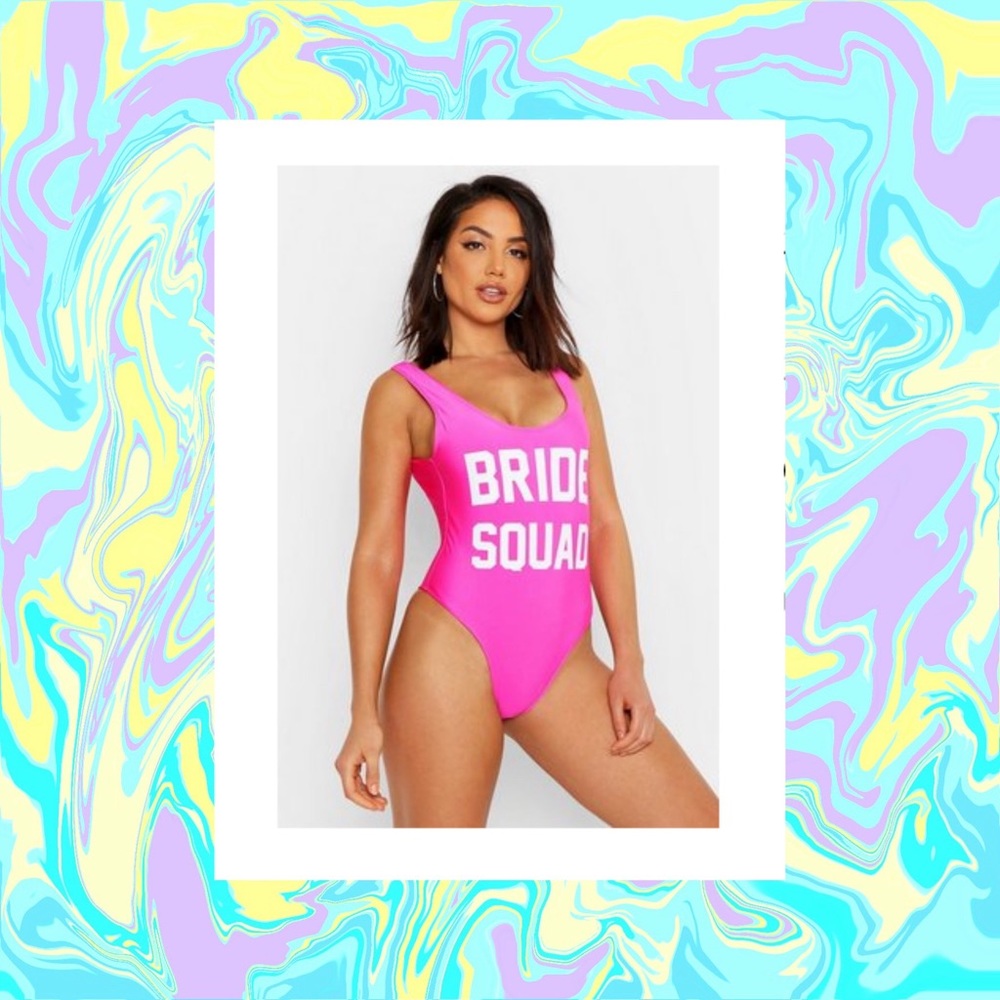 Boohoo Bride Squad Neon Pink Swimsuit NWT